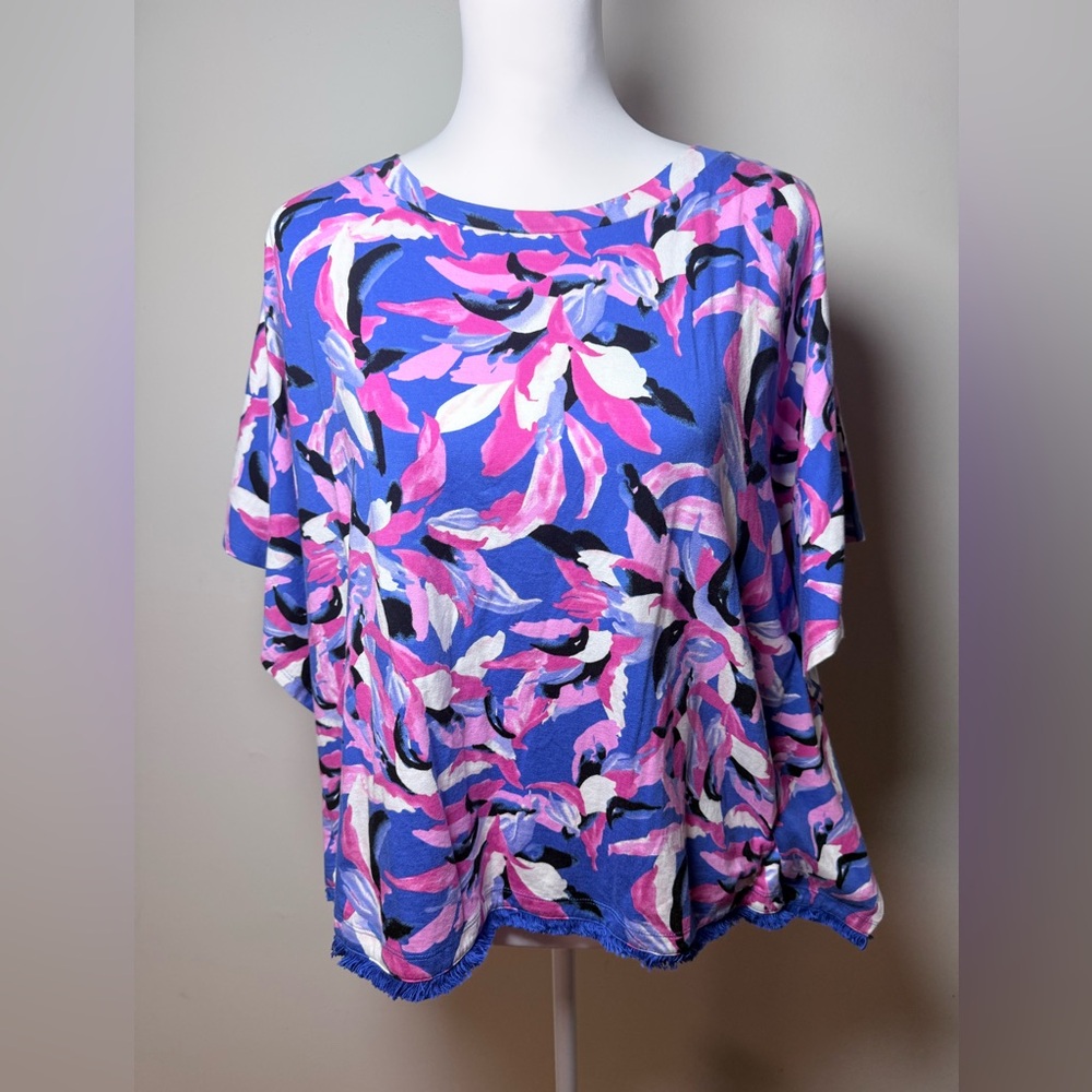 Cappagallo Marine Multi Floral Boxy Top Medium NWT Blue Pink Fringe Hem